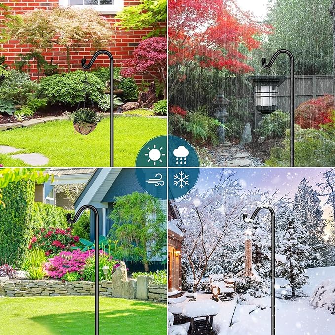 Gtongoko Shepherds Hook for Outdoor, 76 Inch Bird Feeder Pole with 7 Prongs Base, 5/8 Inch Thick Heavy Duty Adjustable Garden Hook for Hanging Plant, Hummingbird Feeder, Lantern, 2 Pack
