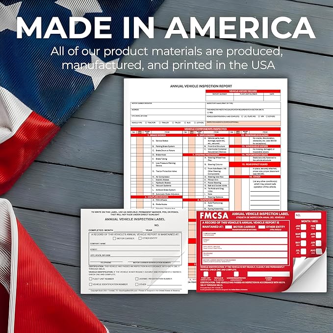 5 Pack 3-Ply Carbonless Annual Vehicle Inspection Report Forms with FMCSA Red Aluminum Labels & White Mylar Laminate Vinyl Labels, DOT Inspection Forms and Stickers, Shrink-Wrapped, 8.5" x 11.75"