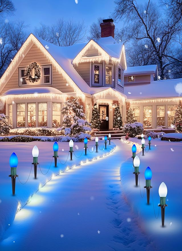 Brightown Frosted C9 LED Christmas Lights Outdoor, 32Ft Christmas Pathway Lights with 25 LED Bulbs and Stakes, Christmas Decorations Outside Driveway Walkway Sidewalk, Blue and White