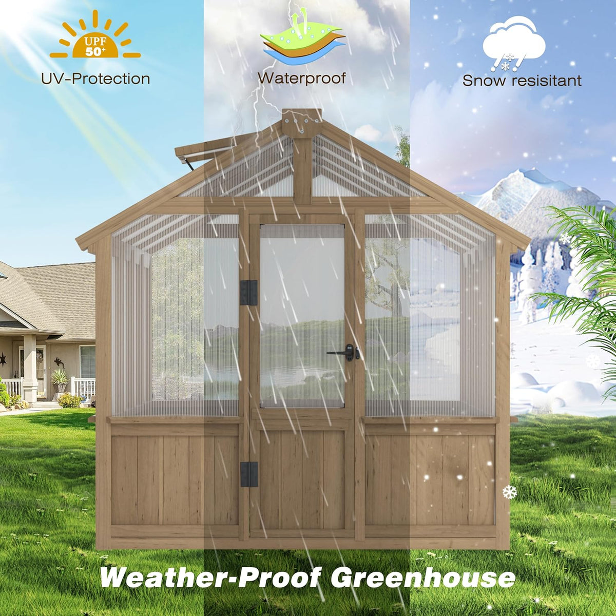 Mupater 6 x 8 FT Wooden Polycarbonate Greenhouse with Ventilated Window and Lockable Door, 6mm PC Panels for UV Protection, Walk-in Greenhouse Kit for Outdoor, Garden and Backyard, Brown