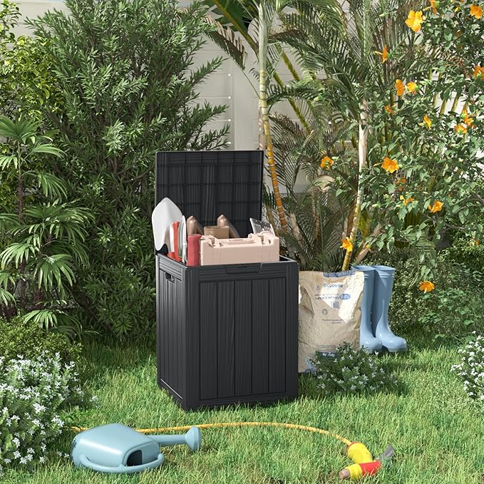 28 Gallon Resin Deck Box, Lockable Patio Outdoor Storage Box for Furniture, Garden Tools and Tools Storage, Waterproof Outside Storage Boxes - Black