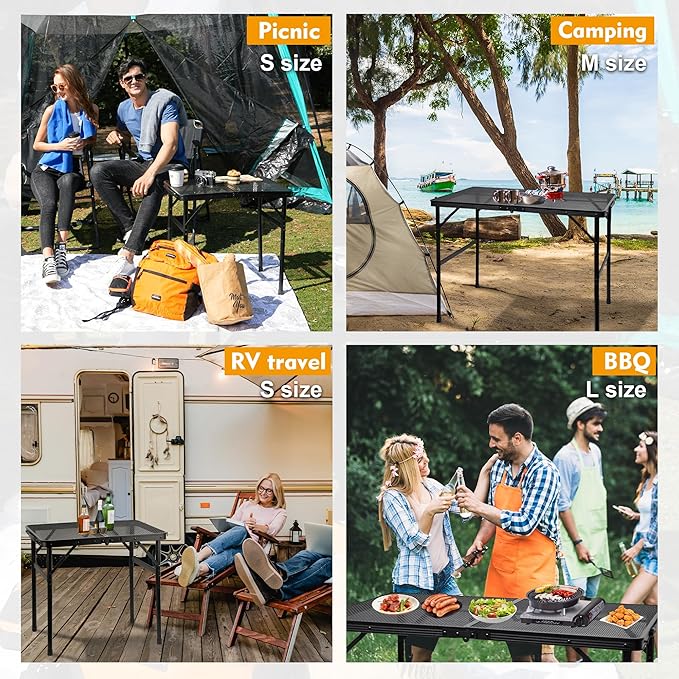 Camping Table with Mesh Desktop, Lightweight & Portable Folding Grill Table, Height Adjustable Metal Outdoor Table for Camp, Cooking, BBQ, RV, Picnic-4 FT Black