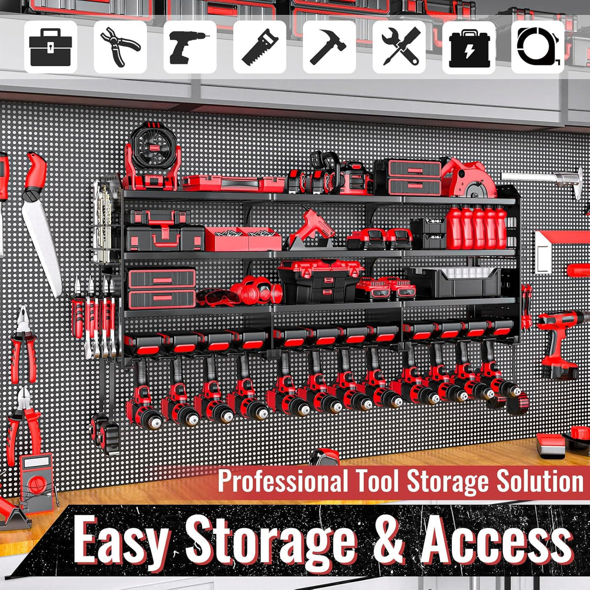 Large Power Tool Organizer Wall Mount-12 Drill Holder, Metal Heavy Duty Garage Tool Storage Shelves with Screwdriver Plier Holder, Gifts Idea for Men Dad Husband