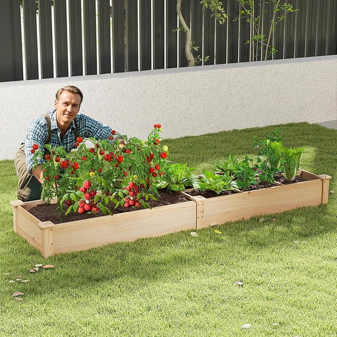 HAPPYGRILL Raised Garden Bed, Wooden Planter Raised Bed w/2 Garden Boxes, 7 Compartments, DIY Painting Available, Elevated Planter Box for Patio Garden Backyard Lawn Gardening, 90” x 25” x 10”