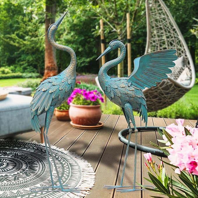 33-37 Inch Metal Crane Garden Statue Décor, Bird Garden Sculpture & Statues, Outdoor Decoration for Yard Patio Lawn Backyard Pool, Vintage Spread Wings Crane, Set of 2