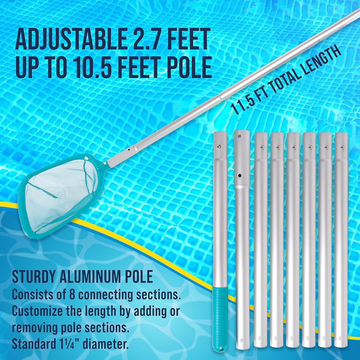 U.S. Pool Supply 11.5 Foot Swimming Pool Leaf Skimmer Net with Telescopic Aluminum Pole, 8 Sections - 6" Deep Ultra Fine Mesh Netting Basket, Remove Finest Debris, Adjustable Length, Clean Spas, Ponds