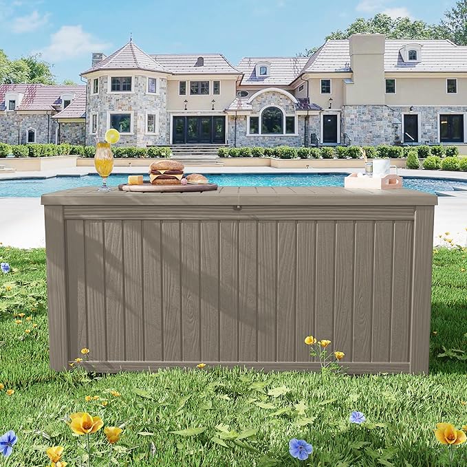 270 Gallon Outdoor Storage Box Patio Deck Box Waterproof, Resin Lockable Outside Large Storage Bin for Pool Cushion Furniture, Garden Tools UV-Resistant, Grey