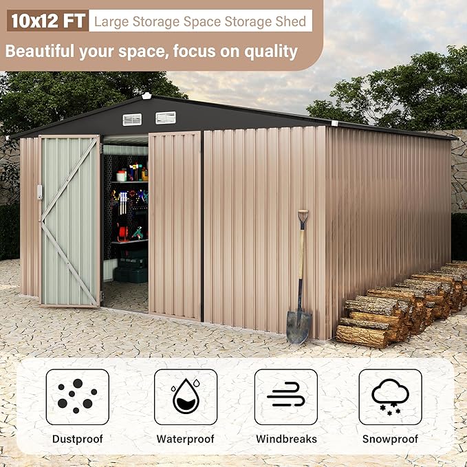 10x12 FT Metal Storage Sheds Outdoor, Metal Yard Sheds Garden Shed Kit, Tool Shed with Lockable Door, Utility Sheds Buildings with Air Vent for Backyard Garden Patio Lawn
