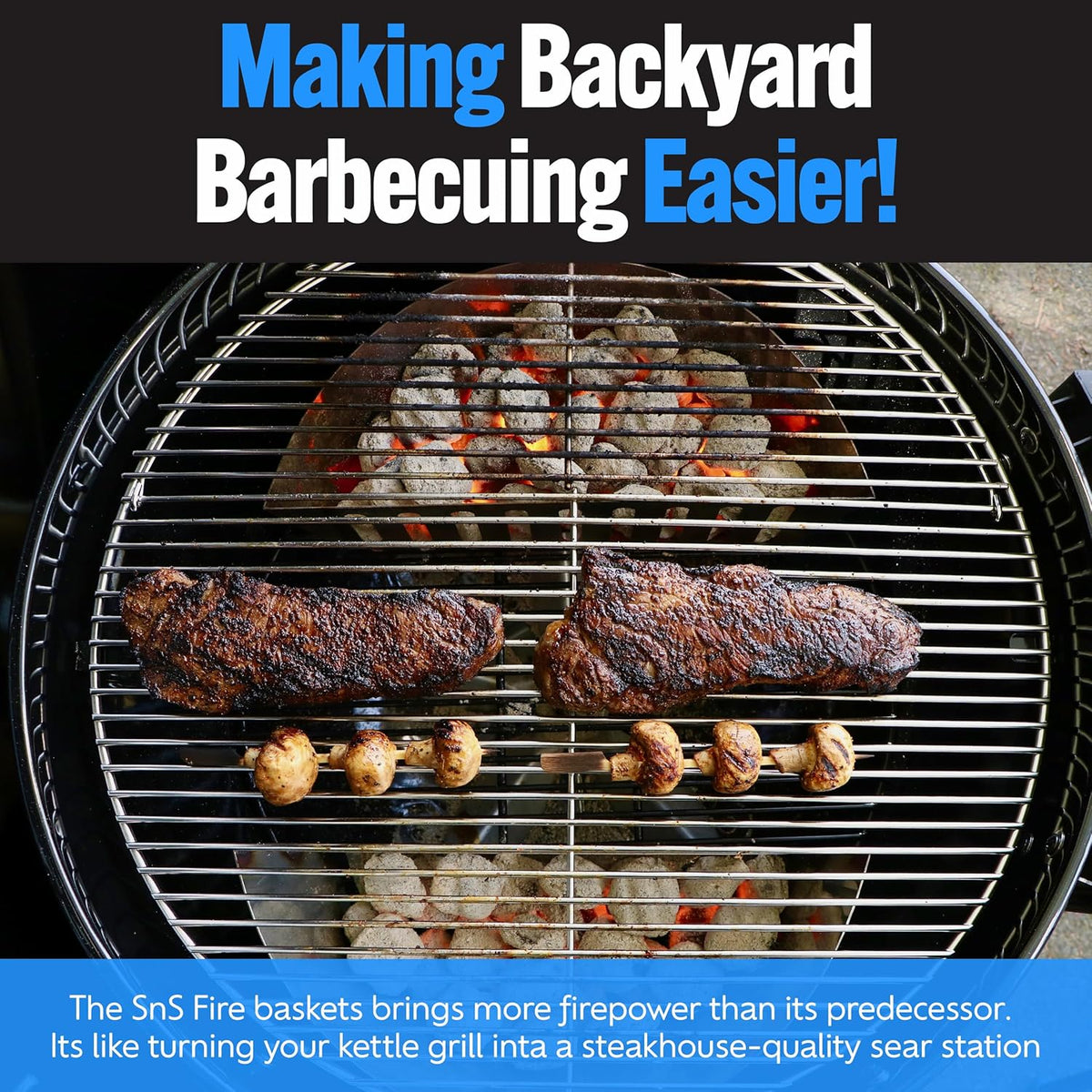 SnS Grills Slow ‘N Sear Charcoal Fire Baskets with Water Pan - Large Capacity Heavy Duty Stainless Steel Outdoor Grill Basket, Kettle Grill Accessory - Compatible with Weber and other Kettles