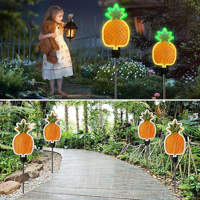 ANGMLN Solar Pineapple Neon Light - 2 Metal Garden Stake Lights 42 inch Path Lighting for Garden Yard Lawn Patio Walkway Decor Gifts for Mom Grandmother