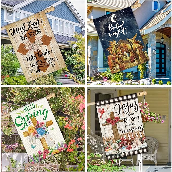 11 Pcs Christian Garden Flag Cross Yard Flags for All Season Christian Welcome Large 28 x 40 Inch Flags Double Sided Print Vertical House Flags Decorations for Home Outdoor Lawn