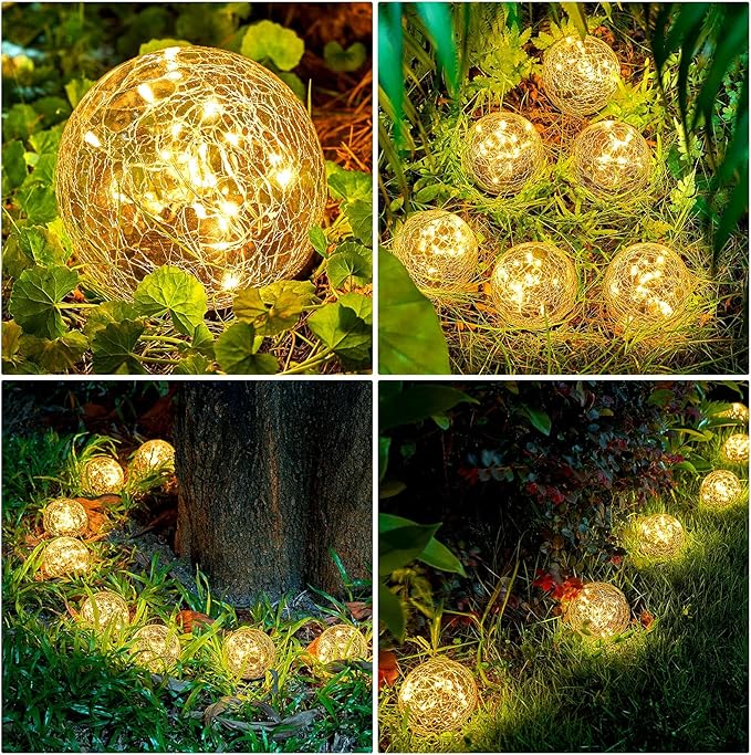 Honoson 6 Inch Solar Globe Lights Outdoor Waterproof, Solar Balls for Garden Cracked Glass Ball, Ground Landscape Garden Decor for Patio and Yard Lawn Backyard (4 Pieces)