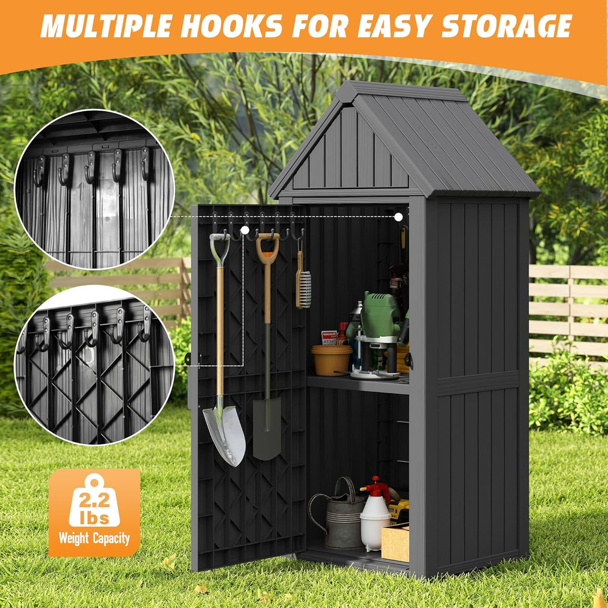 Shed Outdoor Storage Shed with Sloping Roof and Lockable Door, Resin Outdoor Storage Box Cabinet Waterproof and Multiple Hooks for Backyard, Patio, Poolside, Black