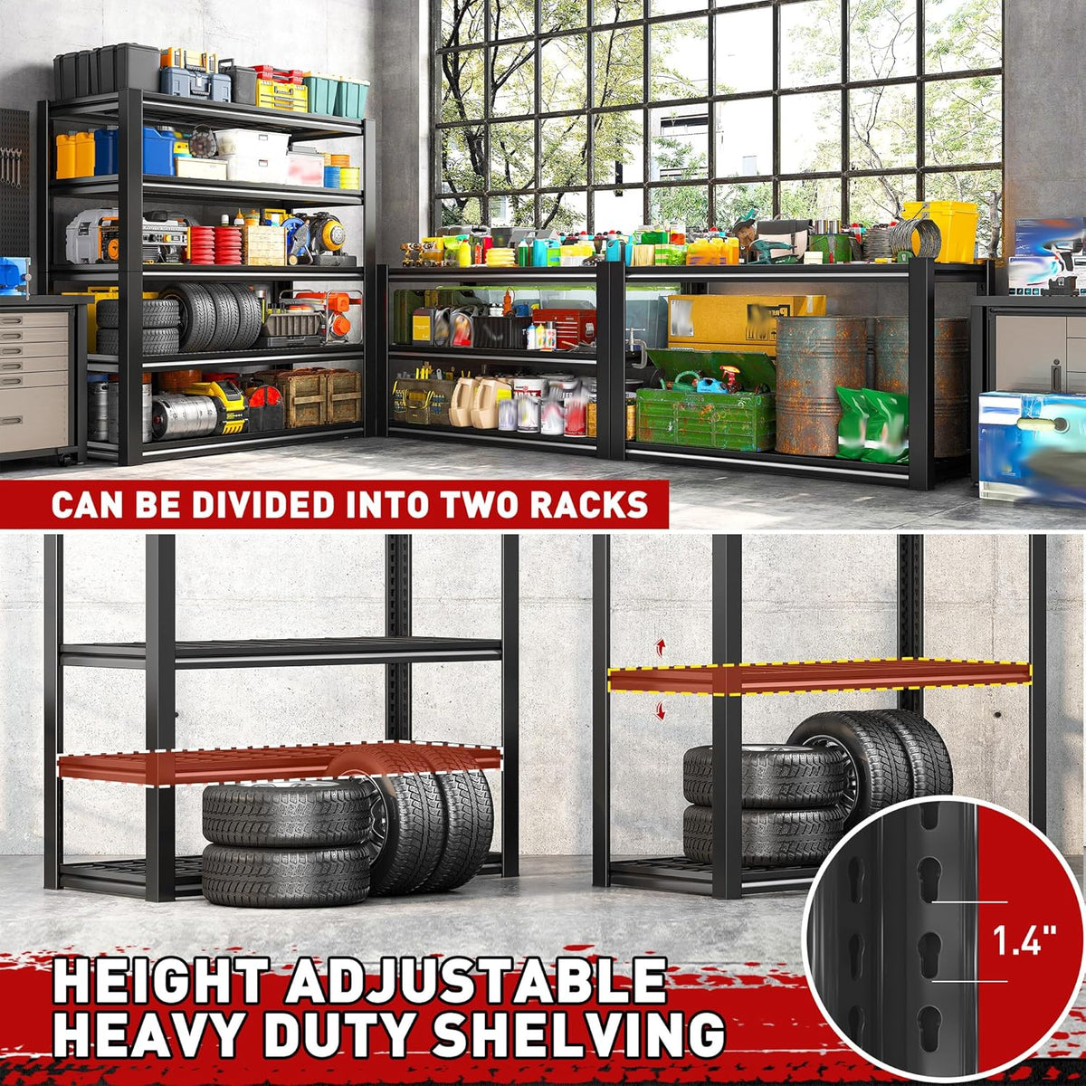 REIBII Garage Shelving 3000LBS, Heavy Duty Storage Shelves, Adjustable Industrial Metal Shelving Unit for Garage, Basement, Pantry, Warehouse,Commercial, 36" W x 16" D x 72" H, 2 Pack
