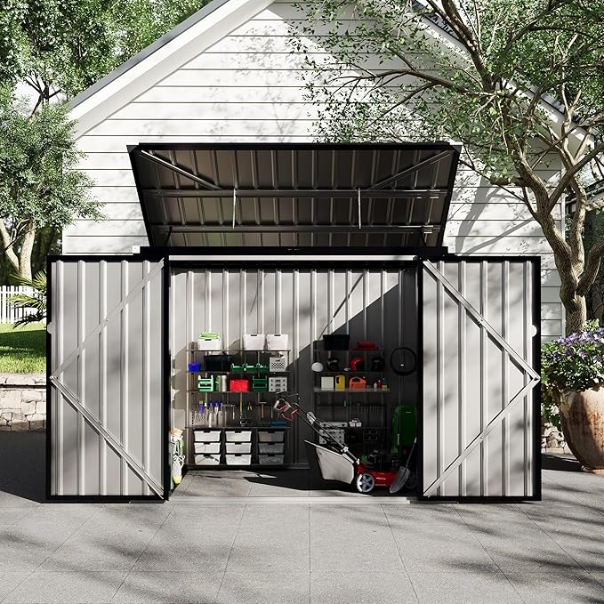 2 Trash Cans Metal Outdoor Storage, 3x6 FT Garbage Bin Storage Shed with Chain Lid, Garbage Can Metal Sheds for Garden, Backyard, Lawn and Patio