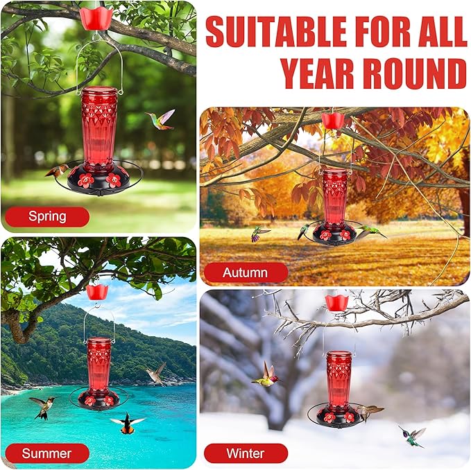 Hummingbird Feeder-16 Ounces,6 Feeding Ports Glass Hummingbird feeders for Outdoors,Wide Mouth for Easy Filling/Cleaning,Hanging for Garden Backyard Decor, Includes Ant Moat (Red)