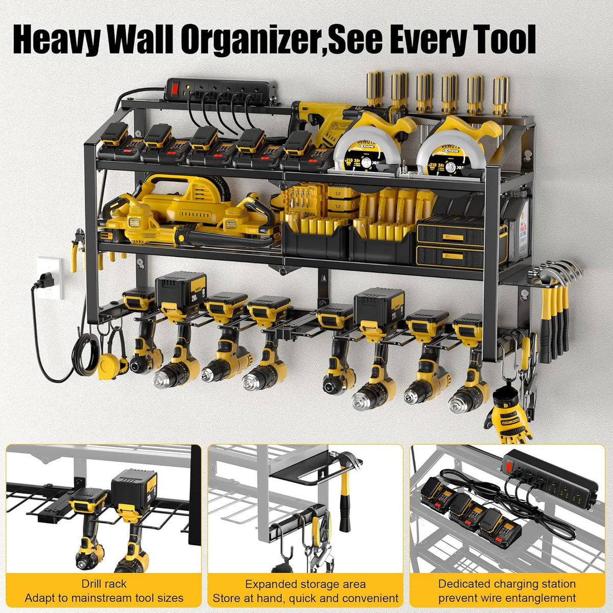 Power Tool Organizer Wall Mount with Charging Station, 3 Layers Storage Rack with 8 Cordless Drill Hangers, Tool Battery Holder Built in 6 Outlet Power Strip, Utility Racks for Garage Workshop