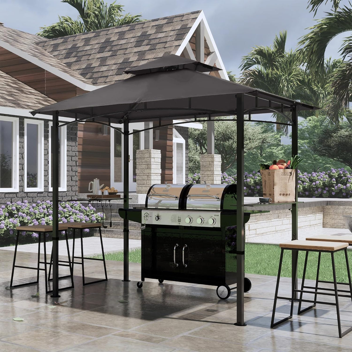 COOSHADE 8'x 5' Grill Gazebo Double Tiered Outdoor BBQ Gazebo Canopy with LED Light (Gray)