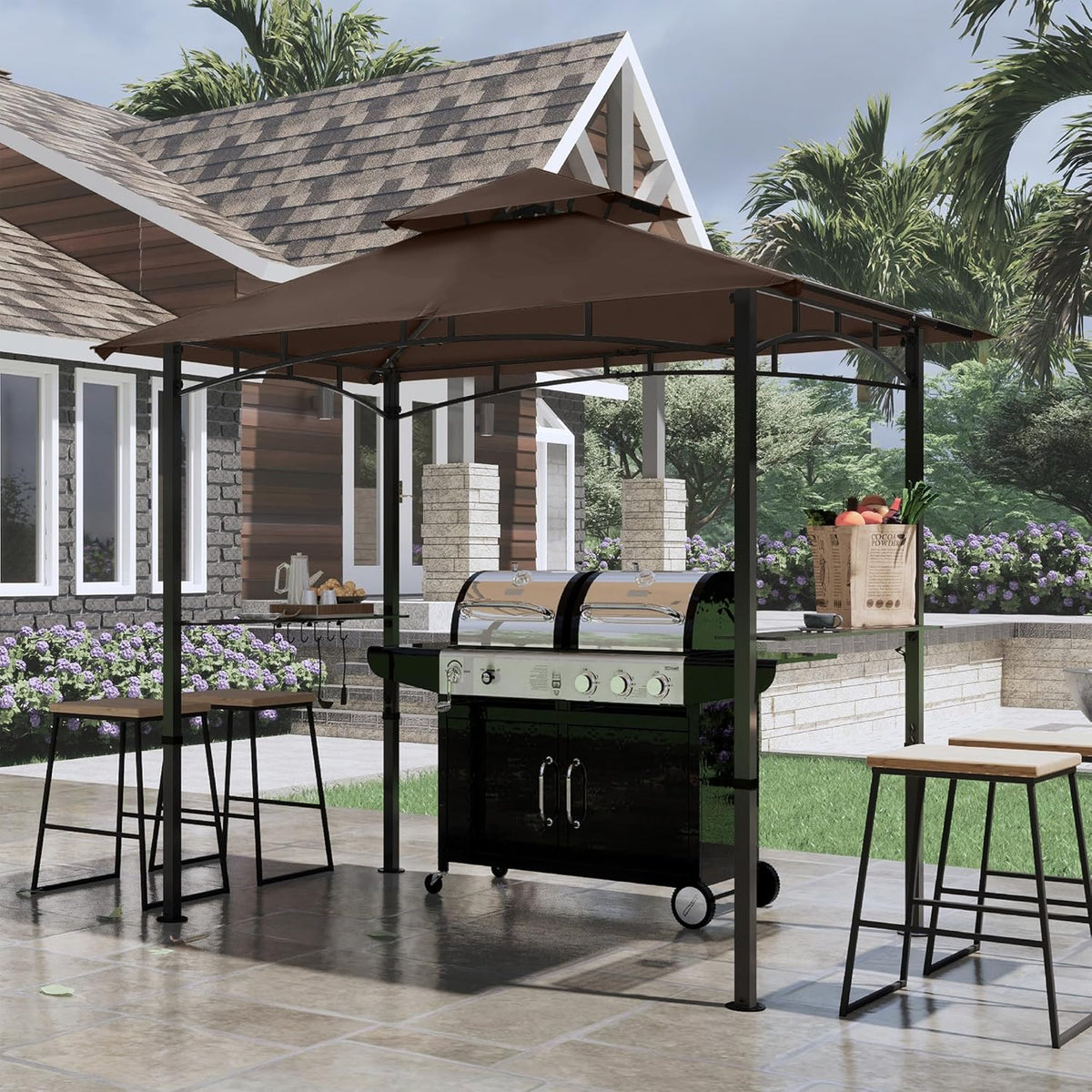 COOSHADE 8'x 5' Grill Gazebo Double Tiered Outdoor BBQ Gazebo Canopy with LED Light (Brown)