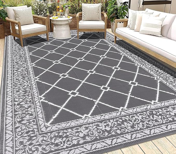 HEBE Outdoor Rug Waterproof 6x9, Reversible Plastic Straw Rug RV Camping Rug, Indoor Outdoor Patio Mat Clearance, Outside Carpet for Porch,Deck,Camper,Balcony,Backyard,Picnic