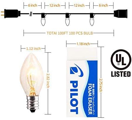 C9 Christmas String Lights Outdoor 100ft Vintage Christmas Tree Lights for Indoor Outdoor Roofline Patio Room Holiday Party Backyard Xmas Decoration, Black Wire, 100+4 Bulbs, Not Connectable