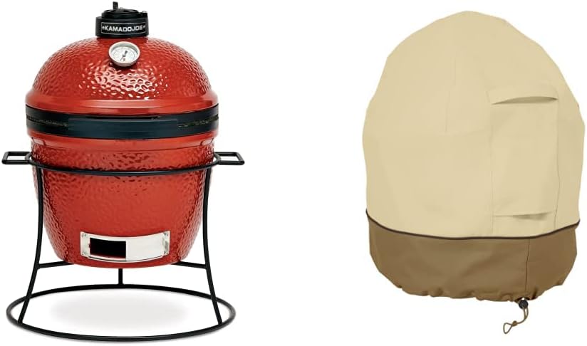Kamado Joe KJ13RH Joe Jr. 13.5 inch Portable Charcoal Grill with Cast Iron Cart and Heat Deflectors, Blaze Red & Classic Accessories Veranda Water-Resistant 21 Inch Kamado Mini Ceramic BBQ Grill Cover