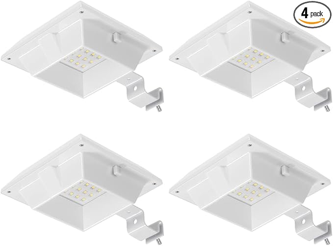 4 Pack White Solar Powered Gutter Lights Outdoor Decorative Waterproof 12 LEDs Yard Lamp for Lighting Fence, Railing, Outside Wall, Deck, Garden, Path, Backyard, Walkway, Patio, Holeless Installation