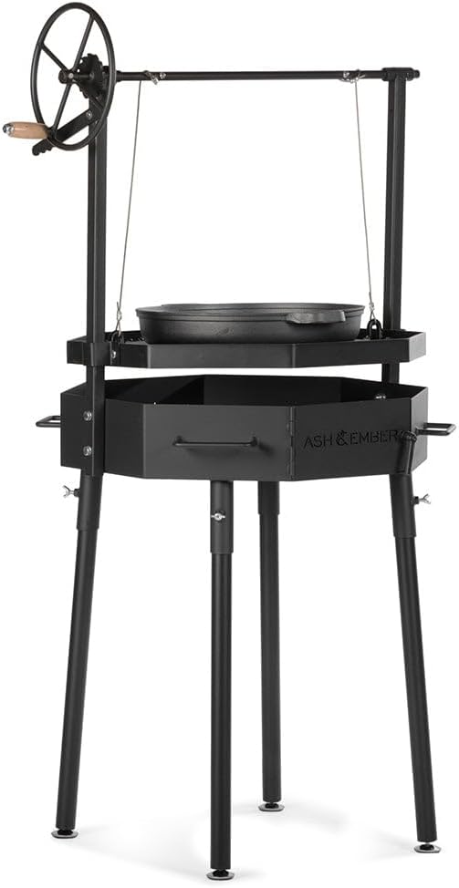 TITAN GREAT OUTDOORS Ash & Ember Santa Maria Grill, Argentine Style Open Fire Grill, Adjustable Cooking Grate with Flywheel, BBQ Grill Comes with Cast Iron Skillet