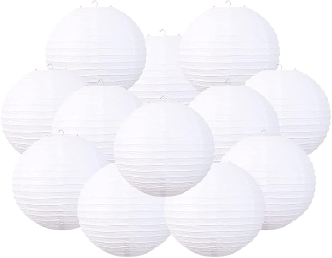 Chinese Style Paper Lanterns, Set of 12, Suitable for Party Decoration (White, 12in)