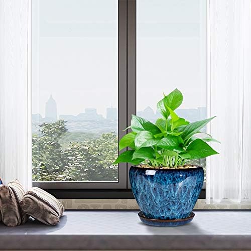 Ceramic Modern Glaze Succulent Planter Pot with Drainage Hole and Saucer 6 Inch Round Flower Plant Pot for Indoor Outdoor Herb Snake Plants