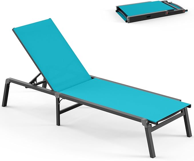 Chaise Lounge Outdoor, Foldable Aluminum Pool Lounge Chairs with 5 Positions Recliner - Free Assembly - Patio Chaise Lounge Chair for Poolside, Beach, Yard (Lakeblue)