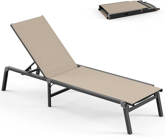 Chaise Lounge Outdoor, Foldable Aluminum Pool Lounge Chairs with 5 Positions Recliner - Free Assembly - Patio Chaise Lounge Chair for Poolside, Beach, Yard (Khaki)