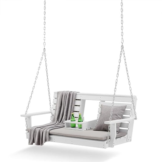 Heavy Duty Poly Lumber HDPE Porch Swing with Mounting Kit and Accessories Outdoor Hanging Chair with Cup Holders Swinging Bench for Patios, Backyard Poly Wooden Seating, Sturdy Steel Chains