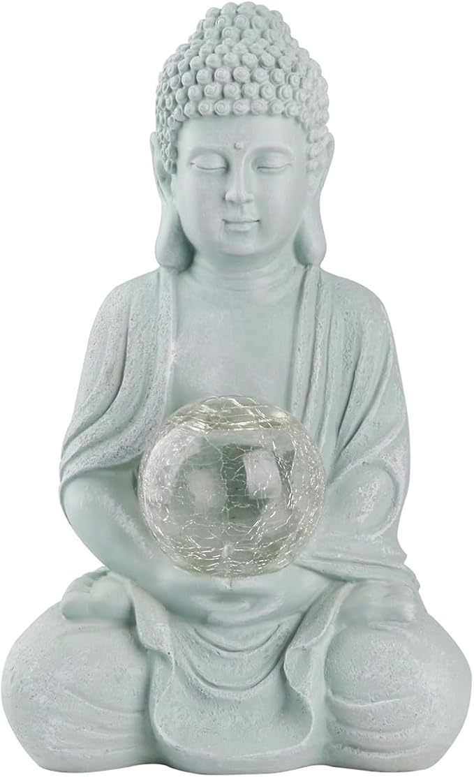 Buddha Garden Statue with Solar Light, Solar Meditating Garden Buddha with Cracked Glass Ball Sculpture-Indoor/Outdoor Decor for Balcony,Garden,Patio,Porch Yard Art Ornament,Gift