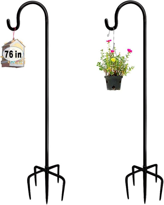 76 inch Outdoor Shepherd Hook with 5 Prong Base (2 Packs), Adjustable Heavy Duty Garden Hanging Stake for Bird Feeder Solar Light Plant Hanger Wedding Decor, Matte Black