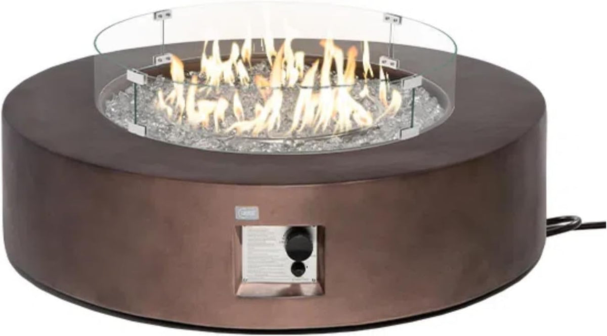 COSIEST Outdoor Propane Fire Pit Coffee Table w Bronze 42 inch Round Base Patio Heater, CSA Certified, 50,000 BTU Stainless Steel Burner, Wind Guard, Transparent Gray Fire Glass, Waterproof Cover