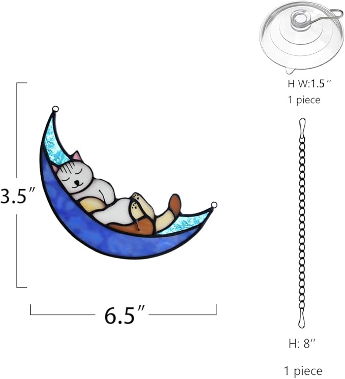 BOXCASA Sleeping Cat Stained Glass Windown Hanging,Cat on Moon Beautiful Handcrafted Sun Catcher Gifts for Daughter,Mothers Day,Christmas and Cat Lover