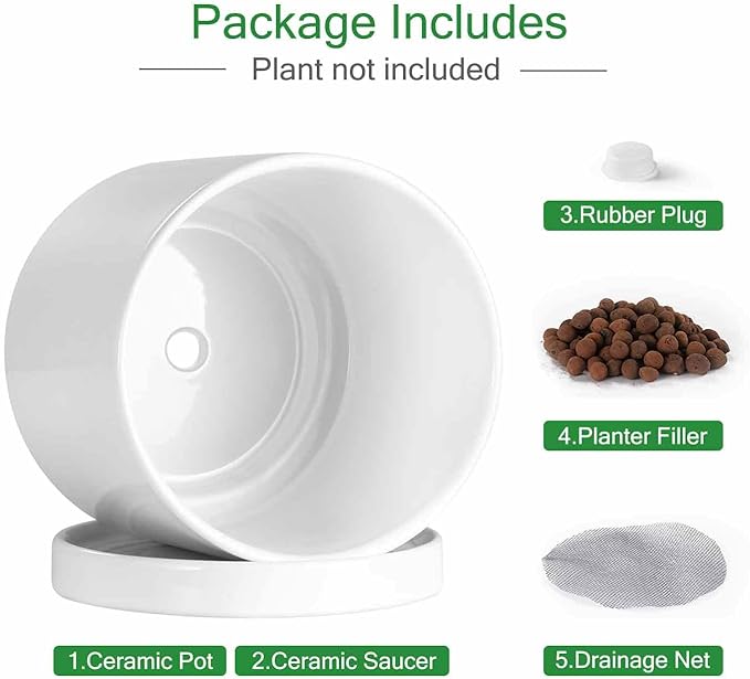 Aveyas 10 inch Ceramic Planter Pot with Drainage Hole and Saucer - Suitable for Indoor and Outdoor Use, Modern Planters for House Garden Flower Tree Snake Monstera Plants (10", Glossy White)