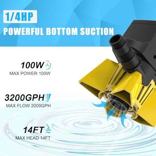 3200GPH Sump Pump - 100W Submersible Water Pump with Barrier Bag, Ultra Quiet Aquarium Pump with 33FT Power Cord for Pond, Waterfall, Fish Tank, Statuary, Hydroponic, Yellow
