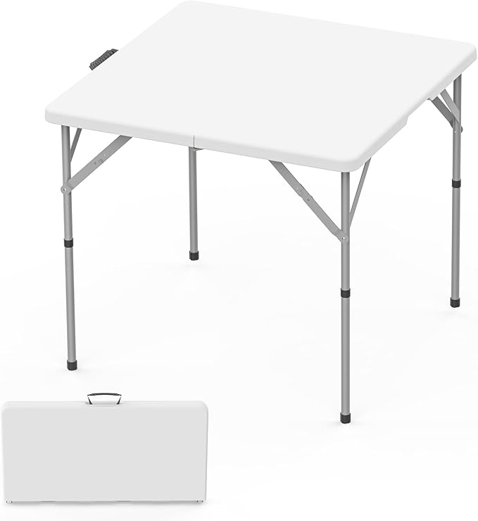 HLPB 34'' Square Folding Card Table, Fold-in-Half Portable Dining Table with Handle and Safety Lock, Foldable Plastic Dining Table Indoor Outdoor for Camping, Picnic and Party Event, White