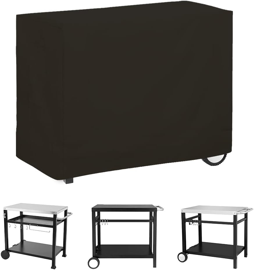 Outdoor Dining Cart Cover for Royal Gourmet Double-Shelf Movable Prep Grill Side Table Heavy Duty Waterproof Cover for Stainless Steel Top BBQ Pizza Oven Kitchen Work Table, Black