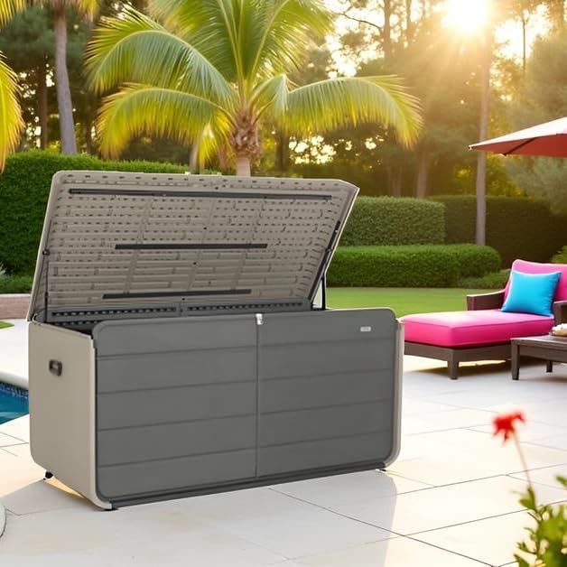 KUIKUI Deck Boxes Outdoor Waterproof, Large Outdoor Deck Box with Wheels Waterproof, 260 Gallon XXL Storage Box Lockable, Grey