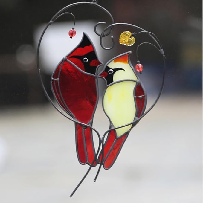 Cardinal Suncatchers Stained Glass for Windows Hangings,Male & Female Cardinal Stained Glass Sun Catchers,Stained Glass Red Love Birds Home Ornament,Gifts for Women
