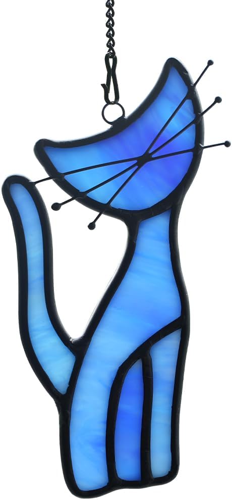 Cat Decor Stained Glass Window Hangings,Blue Cat Suncatcher for Window Cat Ornament Home Decor,Cat Themed Gifts for Women Cat Lovers Gifts,Great for Livingroom Bedroom
