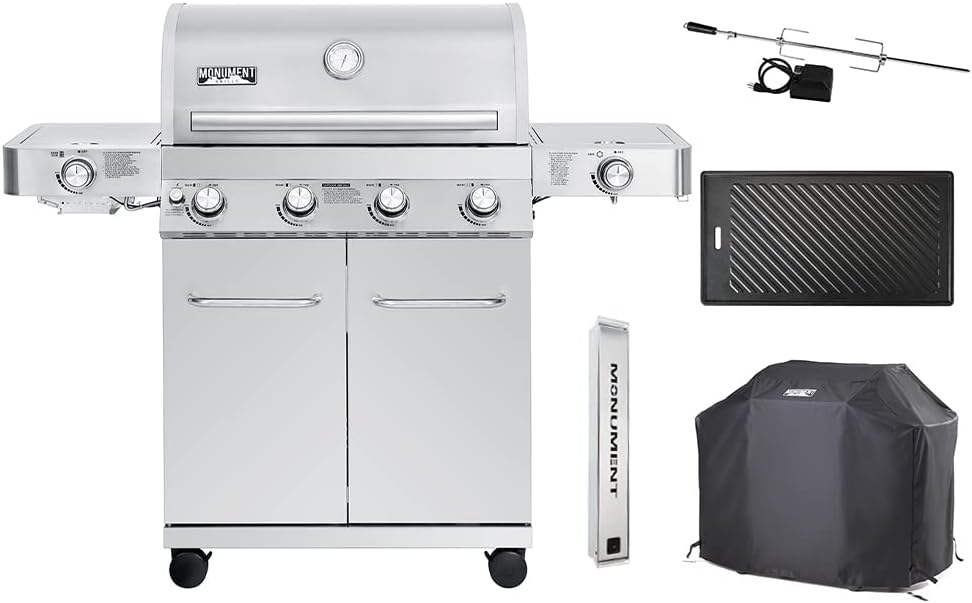 Monument Grills Larger 4-Burner Propane Gas Grills Stainless Steel Cabinet Style with Accessory Kit(5 items), Outdoor Use