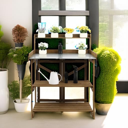 Folding Garden Potting Bench Table，Outdoor Wooden Work Station W/Metal Table Top,2 Tier Open Storage Rack,Top Shelf-Natural Stained
