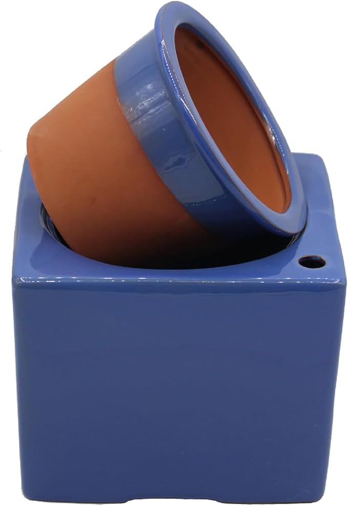 2-Pack Ceramic African Violet Self Watering Pot 6 Inch Square Pot 3.5 Inch Innter Pot Easy Fill Water Reservoir White Blue