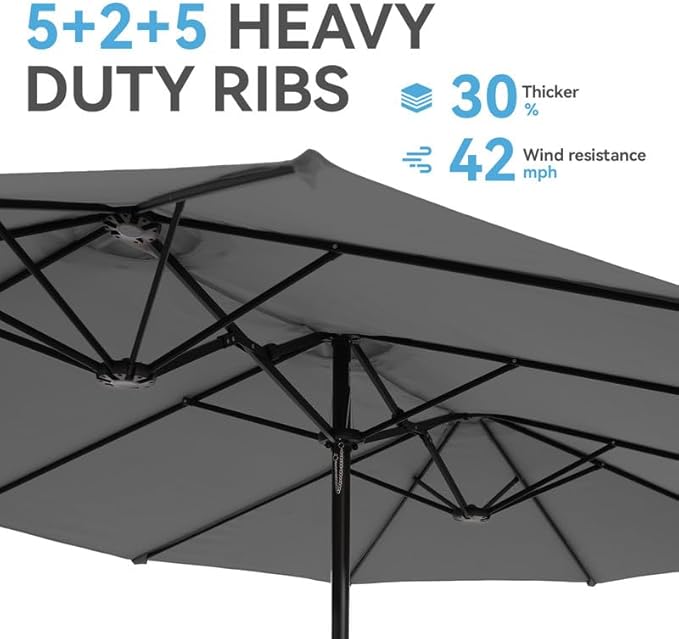 GREEN PARTY 15 ft Rectangle Patio Umbrella with Base Included, Double-Sided Table Umbrella with Crank, Large Outdoor Umbrellas for Patio Poolside Garden Backyard, Smoky Gray