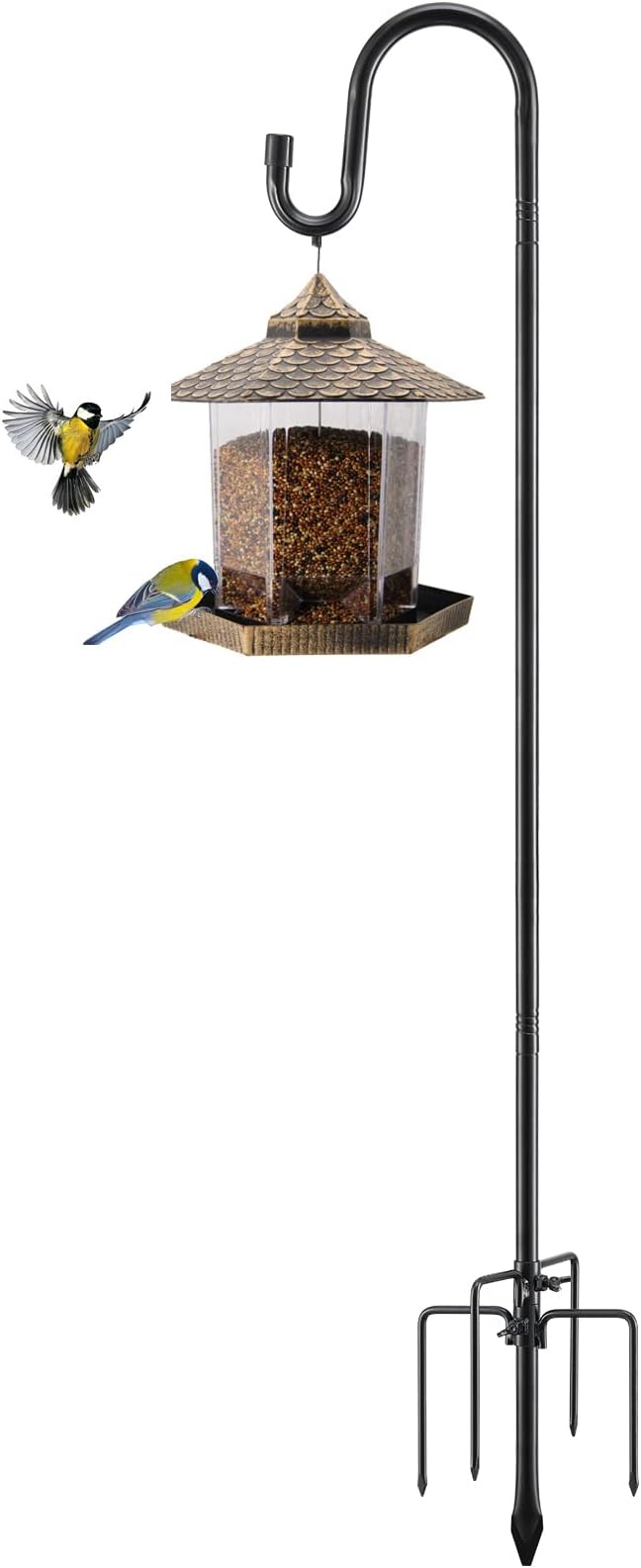 Bird Feeder Pole, 94 Inch & 5/8 Inch Diameter Stainless Steel Heavy Duty Shepherds Hooks for Outdoor to Hang Outdoor Lights with 5 Prongs Base, Rustproof for Garden Decor or Wedding Decors(Black)