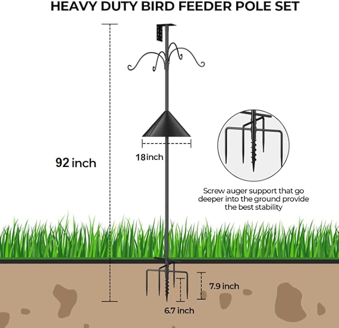 Bird Feeders Pole, House Pole 92 Inch, Adjustable Heavy Duty Feeder Stand Feeding Station with Sturdy Anchor Squirrel Proof Baffle for Watching (Bird Not Included)